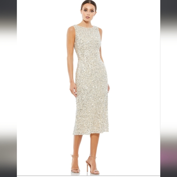 NWT! Mac Duggal, Sleeveless Sequined Midi Sheath Dress, Silver Nude, Size 2 - Picture 1 of 11